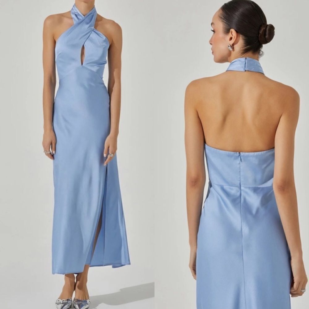 Astr NWT MARISSA SATIN HALTER NECK MIDI DRESS in Blue Size Small MSRP $138